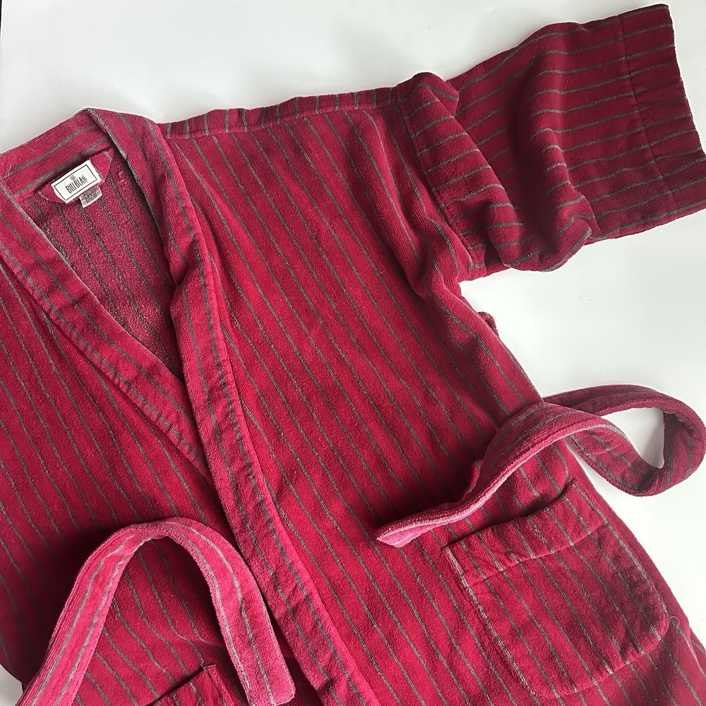 Vintage Bill Blass Robe Mens One Size Burgandy Striped Terry Cotton Belt Lounge
